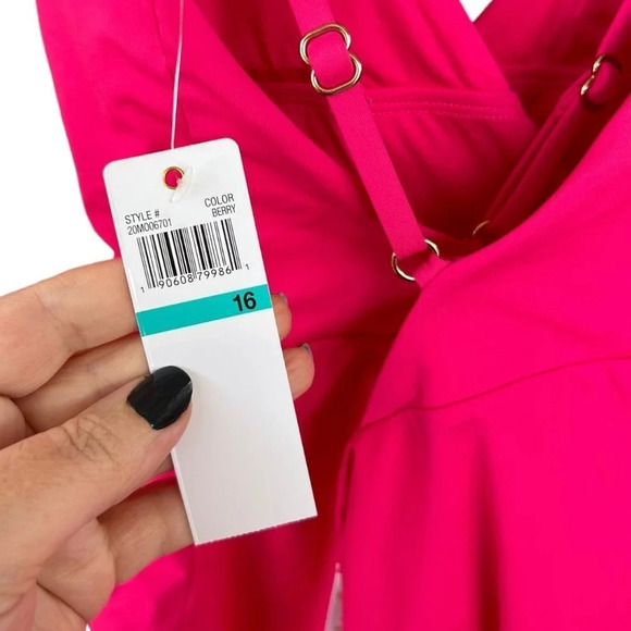 NWT Anne Cole Berry Pink One Piece Swimsuit Cross Back Size 16 - Picture 8 of 9